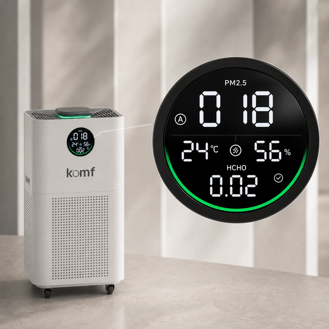 Увеличенный дисплей датчиков PM2.5, HCHO, температуры и влажности Komf Air Prime